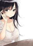  1girl black_hair breasts cleavage commentary_request fingernails hair_between_eyes hand_up highres index_finger_raised large_breasts long_sleeves looking_at_viewer original parted_lips rucchiifu simple_background solo sweater table violet_eyes white_background white_sweater 