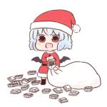  1girl :d bangs batta_(ijigen_debris) black_legwear blue_hair blush_stickers chibi commentary_request dress fang food fur_trim hat holding nattou open_mouth red_dress red_eyes red_hat remilia_scarlet sack santa_costume santa_hat short_hair simple_background smile solo thigh-highs touhou white_background wings 