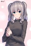  1girl bangs black_sweater breasts casual closed_mouth commentary contemporary hands_together highres interlocked_fingers kagi_f kantai_collection kashima_(kantai_collection) large_breasts long_sleeves looking_at_viewer pink_background simple_background smile solo sweater twitter_username two_side_up upper_body 