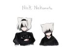  1boy 1girl blindfold cleavage_cutout closed_mouth double-breasted highres juliet_sleeves kemonomimi_mode long_sleeves nier_(series) nier_automata puffy_sleeves upper_body white_background white_hair yorha_no._2_type_b yorha_no._9_type_s 