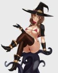  1girl ass bikini boots breasts brown_hair gloves green_eyes hat highres houtengeki large_breasts legs_crossed medium_hair micro_bikini original sitting solo swimsuit tentacle thigh-highs tongue tongue_out witch_hat 