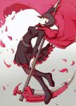  1girl black_hair boots breasts cape crescent_rose frilled_skirt frilled_sleeves frills grey_background grey_eyes knee_boots lolita_fashion pantyhose petals red_cape rose_petals ruby_rose rwby scythe skirt solo zane_(759072704) 