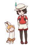  2girls :3 :d animal_ears animalization arms_up backpack bag batta_(ijigen_debris) black_gloves black_hair black_legwear blush_stickers bow bowtie brown_footwear bucket_hat closed_eyes closed_mouth commentary_request elbow_gloves gloves grey_hat grey_shirt grey_shorts hat hat_feather height_difference kaban_(kemono_friends) kemono_friends longcat multiple_girls open_mouth orange_hair orange_skirt pantyhose parody pigeon-toed red_shirt serval_(kemono_friends) serval_ears serval_print serval_tail shirt shoes short_hair shorts simple_background skirt smile tail thigh-highs white_background 