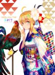  1girl 2017 ahoge animal artoria_pendragon_(all) bird blonde_hair chick chicken fate/stay_night fate_(series) flower furisode green_eyes hair_flower hair_ornament happy_new_year japanese_clothes kimono looking_at_viewer nengajou new_year revision rooster saber weed_(astarone) year_of_the_rooster 