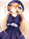  1girl :o abigail_williams_(fate/grand_order) bangs bespectacled black_bow black_dress black_hat blonde_hair blue_eyes blush bow commentary_request dress eyebrows_visible_through_hair fate/grand_order fate_(series) forehead glasses hair_bow hat long_hair long_sleeves looking_at_viewer nikoo orange-framed_eyewear orange_bow parted_bangs parted_lips polka_dot polka_dot_bow sleeves_past_wrists solo translation_request very_long_hair 
