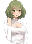  1girl bangs blue_eyes blush breasts cleavage cleavage_cutout eyebrows_visible_through_hair eyelashes green_eyes green_hair heterochromia highlights highres idolmaster idolmaster_cinderella_girls long_sleeves looking_at_viewer medium_breasts meme_attire multicolored_hair open-chest_sweater parted_lips playing_with_own_hair senju_(snz0) short_hair simple_background solo sweater takagaki_kaede tsurime upper_body upper_teeth white_background white_sweater 