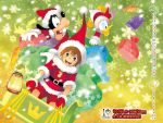  2012 3boys anniversary blue_eyes brown_hair calendar christmas disney dog donald_duck duck gift goofy kingdom_hearts mickey_mouse_and_friends open_mouth present riding santa_costume santa_hat sleigh sora_(kingdom_hearts) square_enix star starry_background surprised 