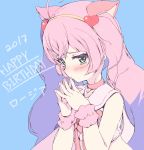  1girl 2017 ahoge animal_ears bangs bare_shoulders blue_background blush cat_ears character_name choker closed_mouth crop_top crossed_bangs eyebrows eyelashes facing_away fingernails fingers_together green_eyes hair_between_eyes hairband happy_birthday heart kogen long_hair nail_polish pink_choker pink_hair pink_nails rosia_(show_by_rock!!) sailor_collar shirt show_by_rock!! simple_background sleeveless sleeveless_shirt solo sparkle tears twintails upper_body white_shirt wristband yellow_hairband 
