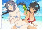  2girls ;d ahoge bangs bare_arms bare_shoulders beach bikini bikini_tan black_hair blue_eyes blue_sky breasts cleavage collarbone covering covering_breasts cowboy_shot dark_skin day firing frilled_bikini frills grin groin hair_ribbon halterneck highres homura_(senran_kagura) large_breasts leaning_forward leg_up long_hair multiple_girls navel ocean official_art one_eye_closed open_mouth outdoors outstretched_arm parted_bangs ponytail red_bikini ribbon scan senran_kagura_(series) senran_kagura_peach_beach_splash shiny shiny_skin short_hair sky smile splashing standing strap_gap strap_slip swimsuit tan tanline teeth thighs translation_request untied untied_bikini wardrobe_malfunction water water_gun white_bikini white_ribbon yaegashi_nan yumi_(senran_kagura) 