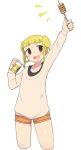  1girl :d blonde_hair blush brown_eyes commentary_request cowboy_shot cropped_legs double_bun food grey_sweater hand_up harau holding long_sleeves looking_at_viewer open_mouth orange_shorts original short_eyebrows short_hair short_shorts shorts smile solo standing sweater 