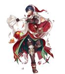  1boy armor bangs blue_eyes blue_hair box cape ebira fire_emblem fire_emblem:_kakusei fire_emblem_heroes full_body fur_trim gift gift_box gloves hat highres holding krom official_art one_leg_raised open_mouth sack santa_costume santa_hat scar short_hair shoulder_armor sleeveless solo torn_clothes transparent_background 