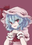  1girl absurdres ascot bangs blue_hair bow eyebrows_visible_through_hair hair_between_eyes hat hat_bow highres looking_at_viewer mob_cap nonogi_macoto open_mouth own_hands_together pink_background pink_eyes pink_hat red_bow remilia_scarlet short_hair short_sleeves simple_background solo touhou upper_body 
