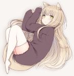  1girl :&lt; animal_ears bangs blush commentary_request curled_up eyebrows_visible_through_hair full_body green_eyes grey_background highres legs_together long_hair long_sleeves lying nekoume on_side original purple_sweater sleeves_past_wrists solo sweater tail thigh-highs white_legwear 