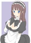  1girl absurdres apron bangs black_dress black_neckwear blue_eyes blunt_bangs blush bow bowtie breasts brown_hair closed_mouth donguri_suzume dress gloves highres large_breasts long_hair looking_at_viewer maid maid_apron maid_headdress original puffy_short_sleeves puffy_sleeves purple_background short_sleeves simple_background solo upper_body white_gloves 