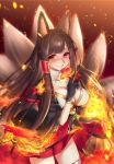  1girl aircraft airplane akagi_(azur_lane) animal_ears azur_lane bangs black_gloves blunt_bangs breasts brown_hair cleavage_cutout cowboy_shot crazy_eyes dated fire fox_ears fox_tail gloves hand_up hattori_masaki japanese_clothes large_breasts lips long_hair long_sleeves looking_at_viewer multiple_tails pink_lips pleated_skirt red_eyes red_skirt signature skirt smirk solo standing tail thigh-highs 