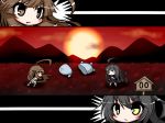  2girls :&lt; bangs black_footwear black_hair black_serafuku black_shirt black_skirt blush brown_eyes brown_hair closed_mouth eyebrows_visible_through_hair fang grass hair_between_eyes kantai_collection komakoma_(magicaltale) kuma_(kantai_collection) looking_at_viewer mikazuki_(kantai_collection) multiple_girls newtype_flash on_grass parted_lips pleated_skirt red_sky school_uniform serafuku shirt skirt sky standing sun sunset thigh-highs v-shaped_eyebrows white_legwear white_neckwear white_shirt yellow_eyes |_| 