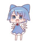  1girl :d barefoot batta_(ijigen_debris) blue_bow blue_dress blue_eyes blue_hair blush bow chibi cirno collared_dress dress full_body hair_bow ice looking_at_viewer neck_ribbon open_mouth red_neckwear red_ribbon ribbon short_sleeves smile solo standing touhou upper_teeth 