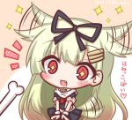  +_+ 1girl :3 :d bangs black_gloves black_ribbon black_serafuku black_shirt black_skirt blonde_hair blush bone dated dog_tail expressive_hair eyebrows_visible_through_hair fang fingerless_gloves gloves hair_between_eyes hair_flaps hair_ornament hair_ribbon hairclip kantai_collection komakoma_(magicaltale) long_hair looking_away open_mouth pleated_skirt red_eyes ribbon school_uniform serafuku shirt short_sleeves skirt smile solo sparkle tail tail_wagging translation_request twitter_username very_long_hair yuudachi_(kantai_collection) 