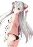  1girl amatsukaze_(kantai_collection) ass back bikini black_bikini brown_eyes cowboy_shot from_behind hair_tubes highres kantai_collection kanz long_hair looking_at_viewer looking_back silver_hair simple_background solo swimsuit thighs two_side_up white_background windsock 