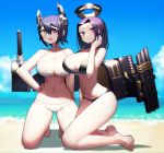  2girls bangs bare_arms bare_legs bare_shoulders barefoot beach bikini black_bikini blue_sky blurry blurry_background blush breasts choker cleavage closed_mouth clouds commentary day depth_of_field eyepatch halo halterneck hand_on_hip hand_up harau kantai_collection kneeling large_breasts looking_at_viewer machinery multiple_girls navel ocean open_mouth outdoors parted_bangs purple_hair sand short_hair sky smile swimsuit tatsuta_(kantai_collection) tenryuu_(kantai_collection) violet_eyes white_bikini white_choker yellow_eyes 