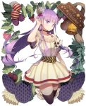  1girl bangs black_choker black_legwear blunt_bangs carchet choker christmas closed_mouth commentary_request dress eyebrows_visible_through_hair food fruit fur_trim hair_ornament hand_up highres long_hair looking_at_viewer merry_christmas original purple_hair raspberry sash short_dress smile solo thigh-highs transparent_background twintails very_long_hair violet_eyes 