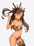  1girl absurdres armlet armpits bangs bare_shoulders black_bow bow bra breasts brown_hair cleavage closed_mouth commentary_request contrapposto cowboy_shot crown detached_collar eyebrows_visible_through_hair fate/grand_order fate_(series) fingernails grey_background hair_bow hand_up highres ishtar_(fate/grand_order) long_hair looking_at_viewer medium_breasts navel orange_eyes panties parted_bangs simple_background single_thighhigh sketch smile solo standing thigh-highs tim_loechner tohsaka_rin two_side_up underwear 