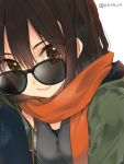  1girl bangs black-framed_eyewear brown_eyes close-up closed_mouth eyes_visible_through_hair face green_jacket hair_between_eyes jacket kantai_collection koruri lips looking_at_viewer open_clothes open_jacket orange_scarf scarf sendai_(kantai_collection) short_hair simple_background smile solo sunglasses tareme twitter_username upper_body white_background 
