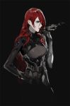  1girl bad_id bad_twitter_id black_background bodysuit cigar hair_over_one_eye hand_on_hip kirijou_mitsuru long_hair persona persona_3 persona_4:_the_ultimate_in_mayonaka_arena profile red_eyes red_hair redhead rr_(suisse200) smoking solo 