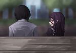  1boy 1girl ageha_(ray-k) black_hair blurry blurry_background commentary eyepatch from_behind long_hair looking_at_another original outdoors purple_hair ray-k red_eyes 