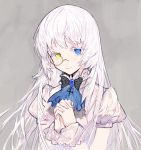  1girl absurdres bangs blue_eyes blue_neckwear closed_mouth copyright_request cravat eyebrows_visible_through_hair gem grey_hair hands_clasped heterochromia highres interlocked_fingers looking_at_viewer monocle own_hands_together puffy_short_sleeves puffy_sleeves rosette_(yankaixuan) short_sleeves smile solo upper_body white_hair wrist_cuffs yellow_eyes 