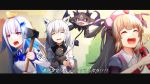  3girls animal_ears armband axe blurry blurry_background brown_hair closed_eyes debidebi_debiru demon dynamite fox_ears hair_ornament hairclip hat highres hololive lize_helesta multiple_girls natori_sana nijisanji nurse_cap open_mouth sana_channel shirakami_fubuki silver_hair tears translation_request violet_eyes weapon 