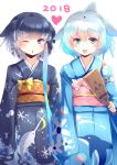  2girls :d :o absurdres animal_ears bangs blue_eyes blue_kimono blush commentary_request common_bottlenose_dolphin_(kemono_friends) dolphin dorsal_fin eyebrows_visible_through_hair head_fins highres japanese_clothes kanzakietc kemono_friends kimono looking_at_viewer multiple_girls narwhal narwhal_(kemono_friends) obi one_eye_closed open_mouth parted_lips sash short_hair smile standing transparent_background 