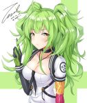  1girl ahoge arm_up asymmetrical_gloves bangs black_gloves blush breasts choker cleavage closed_mouth collarbone dated elbow_gloves eyebrows_visible_through_hair girls_frontline gloves green_hair hair_between_eyes hand_in_hair jewelry long_hair looking_at_viewer m950a_(girls_frontline medium_breasts messy_hair necklace necktie playing_with_hair sidelocks signature simple_background solo twintails twitter_name two_side_up unel1211 yellow_eyes 