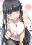  1girl bangs bare_shoulders black_hair blunt_bangs blush bracelet breasts earrings jewelry large_breasts looking_at_viewer original pencil_skirt pointing pointing_at_viewer simple_background skirt sleeveless smile solo usyuuri white_background yellow_eyes 