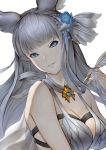  1girl animal_ears bangs bare_shoulders blue_eyes blunt_bangs breasts cleavage granblue_fantasy hair_ornament head_tilt highres korwa large_breasts lips long_hair looking_at_viewer parted_lips pink_lips shimashima_(simasima_23) silver_hair simple_background smile solo upper_body white_background 