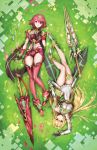  2girls athenawyrm blonde_hair breasts cleavage flower from_above grass hair_ornament mythra_(xenoblade) pyra_(xenoblade) impossible_clothes long_hair lying multiple_girls on_back redhead short_hair short_shorts shorts sword thigh-highs weapon xenoblade xenoblade_2 