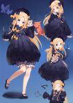  1girl :d abigail_williams_(fate/grand_order) absurdres arm_up bangs black_bow black_dress black_footwear black_hat blonde_hair bloomers blue_background blue_eyes blush bow butterfly closed_eyes closed_mouth commentary_request covered_mouth dated dress fate/grand_order fate_(series) forehead hair_bow hat head_tilt highres holding holding_key key long_sleeves looking_at_viewer mary_janes multiple_views open_mouth orange_bow outstretched_arm parted_bangs polka_dot polka_dot_bow shoes signature sleeves_past_wrists smile standing standing_on_one_leg stuffed_animal stuffed_toy teddy_bear underwear upper_teeth white_bloomers xiaoyu 