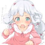  1girl aqua_eyes bangs blush bow breasts clenched_hands collarbone collared_shirt eromanga_sensei eyebrows eyelashes floating_hair hair_bow izumi_sagiri kogen long_hair long_sleeves motion_lines open_mouth pajamas pink_bow pink_ribbon pink_shirt ribbon shirt silver_hair simple_background small_breasts solo tareme tears teeth white_background 