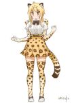  1girl animal_ears artist_name black_neckwear blonde_hair blush bow bowtie commentary_request cosplay elbow_gloves eyebrows_visible_through_hair full_body fur_collar gloves hair_over_shoulder high-waist_skirt ichii_yui jaguar_(kemono_friends) jaguar_(kemono_friends)_(cosplay) jaguar_ears jaguar_print jaguar_tail kemono_friends looking_down low_twintails orange_legwear orange_skirt parted_lips pleated_skirt shirt shoe_bow shoes short_sleeves signature simple_background skirt solo standing tail thigh-highs twintails umiroku white_background white_footwear white_shirt yellow_eyes yuyushiki zettai_ryouiki 