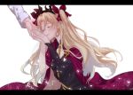  1girl bangs black_dress blonde_hair blurry bow cloak closed_eyes depth_of_field dress earrings ereshkigal_(fate/grand_order) eyebrows_visible_through_hair fate/grand_order fate_(series) hair_bow jewelry letterboxed long_hair out_of_frame parted_bangs parted_lips purple_bow skull smile solo_focus spine tohsaka_rin two_side_up wavy_hair yat573 