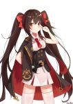  1girl artist_name bag bangs belt_buckle black_belt black_cape blush bow breasts brown_eyes brown_hair buckle cape closed_mouth collared_shirt commentary_request cowboy_shot eyebrows_visible_through_hair girls_frontline hair_between_eyes hair_bow hand_on_hip highres long_hair looking_at_viewer medium_breasts necktie pleated_skirt qbz-97_(girls_frontline) red_bow red_neckwear satchel seero shirt short_necktie signature simple_background skirt smile solo thigh-highs twintails underbust v_over_eye very_long_hair white_background white_legwear white_shirt white_skirt 