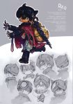  1boy animal_ears backpack bag belt blush boots cape character_sheet closed_umbrella collar facial_mark from_behind from_side headwear_removed helmet highres horned_headwear horned_helmet made_in_abyss male_focus mechanical_arm metal_collar navel pointy_ears rabbit_ears red_cape regu_(made_in_abyss) robotic_legs shirtless source_request translation_request tsukushi_akihito umbrella yellow_eyes 