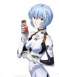  1girl absurdres ayanami_rei blue_hair bodysuit breasts can canned_coffee coffee covered_collarbone evangelion:_2.0_you_can_(not)_advance hair_ornament highres holding looking_at_viewer matsubara_hidenori medium_breasts neon_genesis_evangelion official_art page_number pilot_suit plugsuit product_placement rebuild_of_evangelion red_eyes scan short_hair simple_background solo ucc_coffee white_background white_bodysuit 