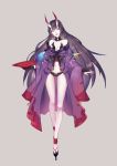  1girl absurdres bare_shoulders black_hair breasts cleavage cup eyebrows_visible_through_hair fate_(series) fingerless_gloves full_body gloves highres holding horns japanese_clothes long_hair medium_breasts navel oni oni_horns sakazuki shuten_douji_(fate/grand_order) solo very_long_hair 