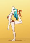  1girl al_grimm aqua_hair ass bare_shoulders barefoot blush green_eyes hat looking_at_viewer monogatari_(series) nisemonogatari ononoki_yotsugi solo stretch swimsuit yoga 