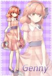  1girl alternate_costume breasts character_name checkered checkered_background checkered_dress contemporary dress fire_emblem fire_emblem_echoes:_mou_hitori_no_eiyuuou frills full_body hairband high_heels highres jenny_(fire_emblem) looking_at_viewer orange_eyes pink_hair short_hair skirt_hold small_breasts smile solo standing yuino_(fancy_party) zoom_layer 