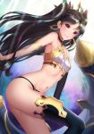  1girl :d armlet armpits ass backlighting bangs bare_shoulders bikini black_bikini_bottom black_hair black_legwear black_ribbon blush breasts cleavage earrings fate/grand_order fate_(series) from_side hair_ribbon heavenly_boat_maanna hoop_earrings ishtar_(fate/grand_order) jewelry leaning_forward light_beam long_hair looking_at_viewer looking_to_the_side medium_breasts mismatched_bikini mizya navel neck_ring open_mouth parted_bangs pink_eyes ribbon round_teeth shiny shiny_hair single_detached_sleeve single_thighhigh smile solo sparkle stomach strapless swimsuit teeth thigh-highs thighs tohsaka_rin two_side_up very_long_hair white_bikini_top 
