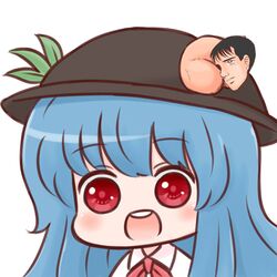  :d bangs batta_(ijigen_debris) blue_hair blush chibi commentary_request eyebrows_visible_through_hair food fruit hat hinanawi_tenshi kuso_miso_technique long_hair looking_at_viewer michishita_masaki neck_ribbon open_mouth peach red_eyes red_neckwear red_ribbon ribbon smile touhou 