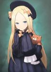  1girl abigail_williams_(fate/grand_order) arashishi bangs black_bow black_dress black_hat blonde_hair blue_eyes blush bow butterfly closed_mouth commentary_request dress fate/grand_order fate_(series) forehead green_background hair_bow hat highres long_hair long_sleeves looking_at_viewer object_hug orange_bow orion_(fate/grand_order) parted_bangs polka_dot polka_dot_bow sketch sleeves_past_wrists smile stuffed_animal stuffed_toy teddy_bear very_long_hair 