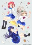  3girls bangs blazer blue_hair blue_neckwear book bow bowtie commentary_request digital_media_player fabric floating floating_hair floating_object grey_hair hair_between_eyes hair_bow jacket legs_crossed long_hair long_sleeves love_live! love_live!_school_idol_project mechanical_pencil microphone minami_kotori multiple_girls musical_note needle nishikino_maki one_eye_closed one_side_up open_mouth otonokizaka_school_uniform pencil plaid plaid_skirt pleated_skirt red_neckwear redhead school_uniform scissors sewing_needle shirt short_hair simple_background skirt sonoda_umi striped_neckwear thread trianon twitter_username violet_eyes white_shirt yellow_eyes 